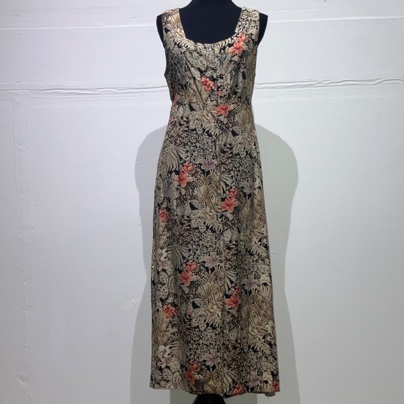 Vintage Dresses & Skirts - Brown and coral cool toned floral button down adjustable waist long dress